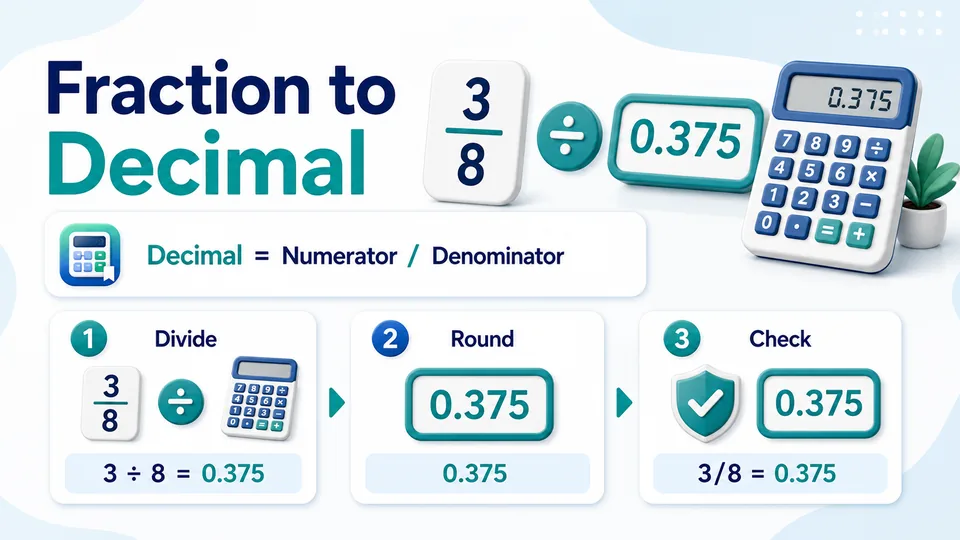 Fraction to Decimal Method formula and example infographic