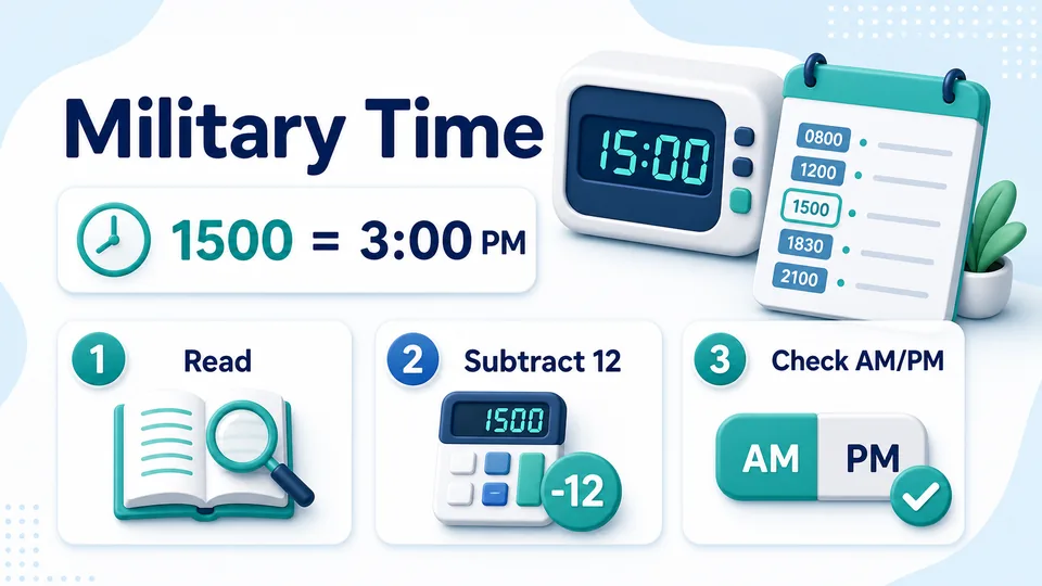 Military Time Explained formula and example infographic